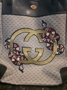 Gucci Gray & Black GG Tote with Gold Logo and Red Snake Detail